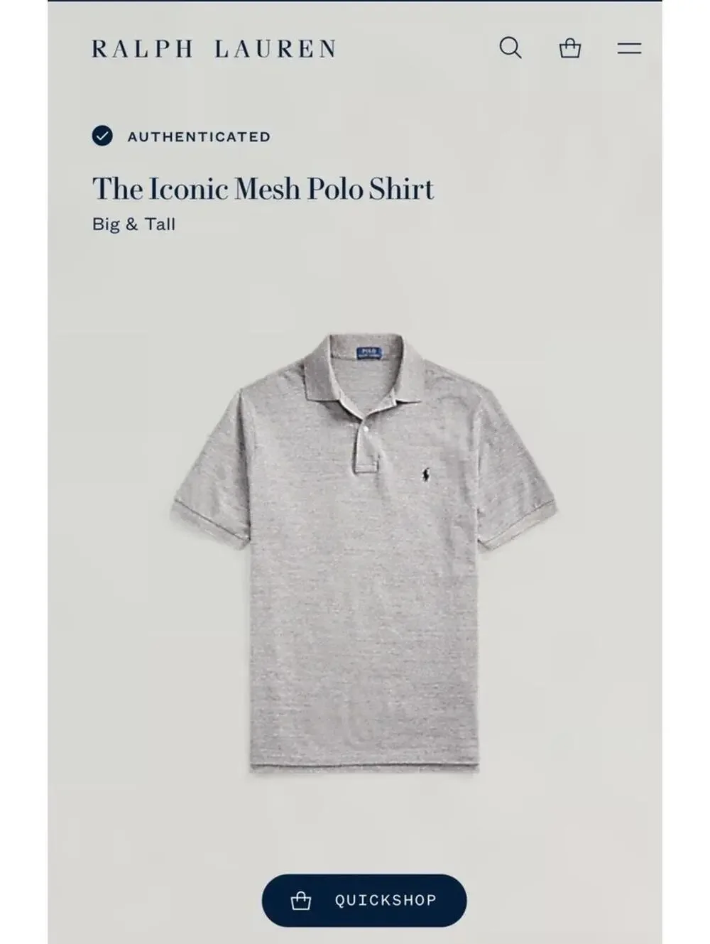 Polo Ralph Lauren Mens Custom Slim Fit Iconic Mesh Polo Shirt Gray 2XLT NWT $125